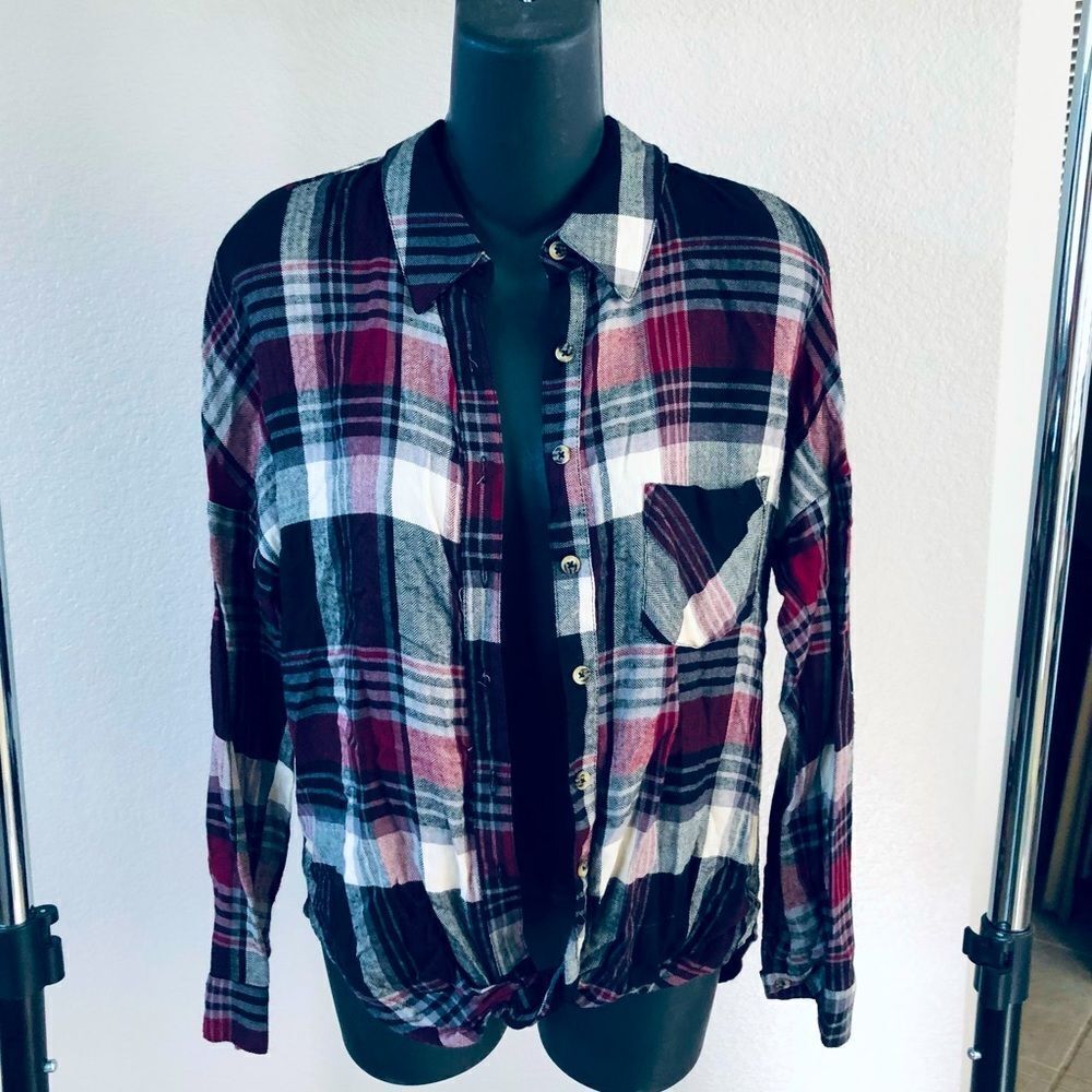 Socialite Soft Plaid Button Down Long Sleeve Shirt Top XS